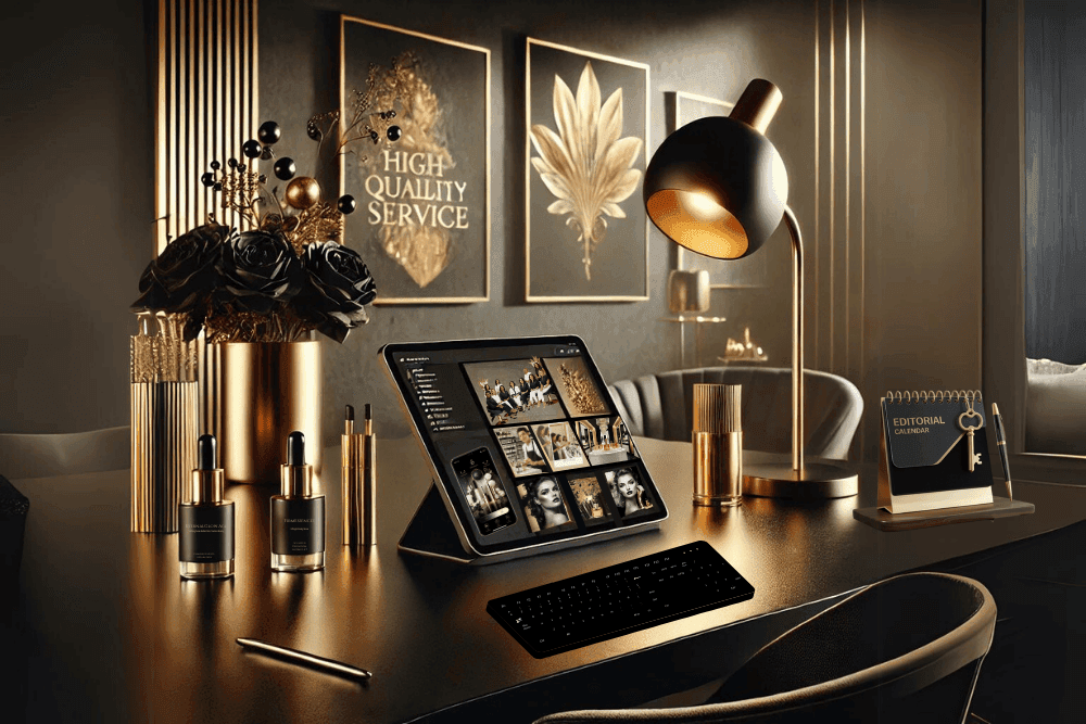 Bouca Digital - Agencia de Marketing,diseño,formacion para Cosmética de Lujo "Imagen conceptual de un espacio de trabajo de lujo, representando la elegancia y profesionalismo de Bouca Digital en marketing para marcas de cosmética de lujo"